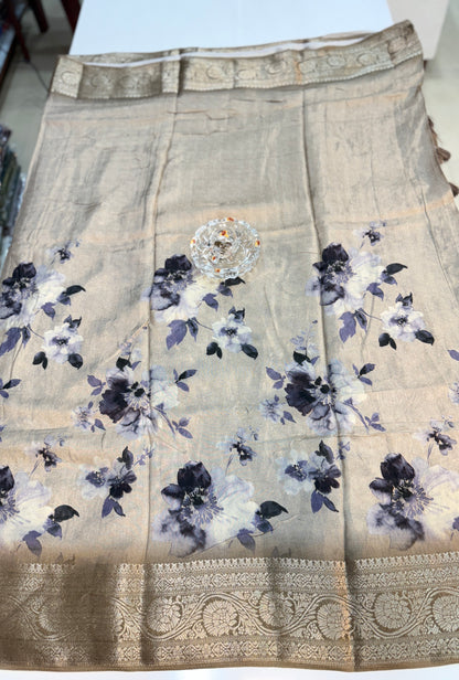 Russian Viscose Crepe Silk Chittpallu Saree with Heritage Print and Zari Border for Women