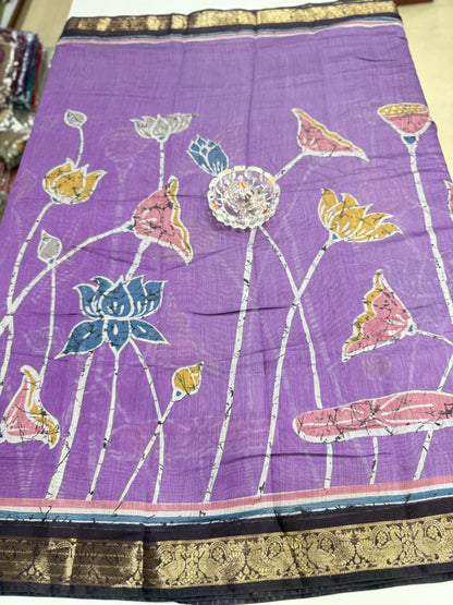 Chennuri silk style printed saree with traditional artwork border and unstitched blouse fabric for women