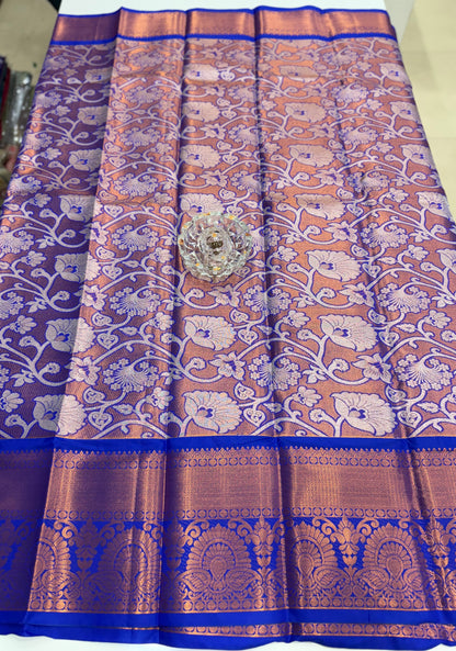 Bridal tissue saree for women with woven zari work and contrast border, kanchipuram style powerloom saree with blouse fabric