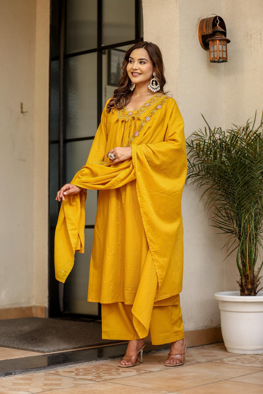 Salli Cotton Kurta Pant Dupatta Set with Embroidery Work – Soft Cotton Ethnic Suit for Women (Sizes 38–46)