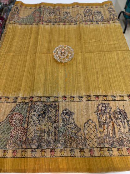 Spider Silk Saree with Folk Art Print Border and Tassel Pallu