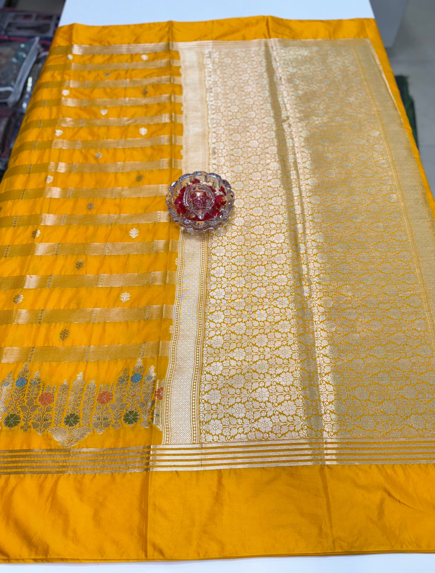 Banarasi Semi Katan Silk Saree with Meenakari Satin Border and Gold Zari Weaving – Traditional Festive Saree for Women