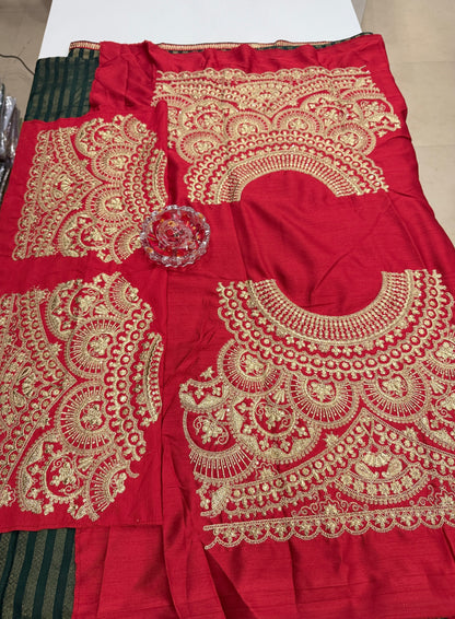 Olive Line Pattern Designer Silk Saree with Heavy Embroidery Work and Unstitched Blouse for Festive and Wedding Wear