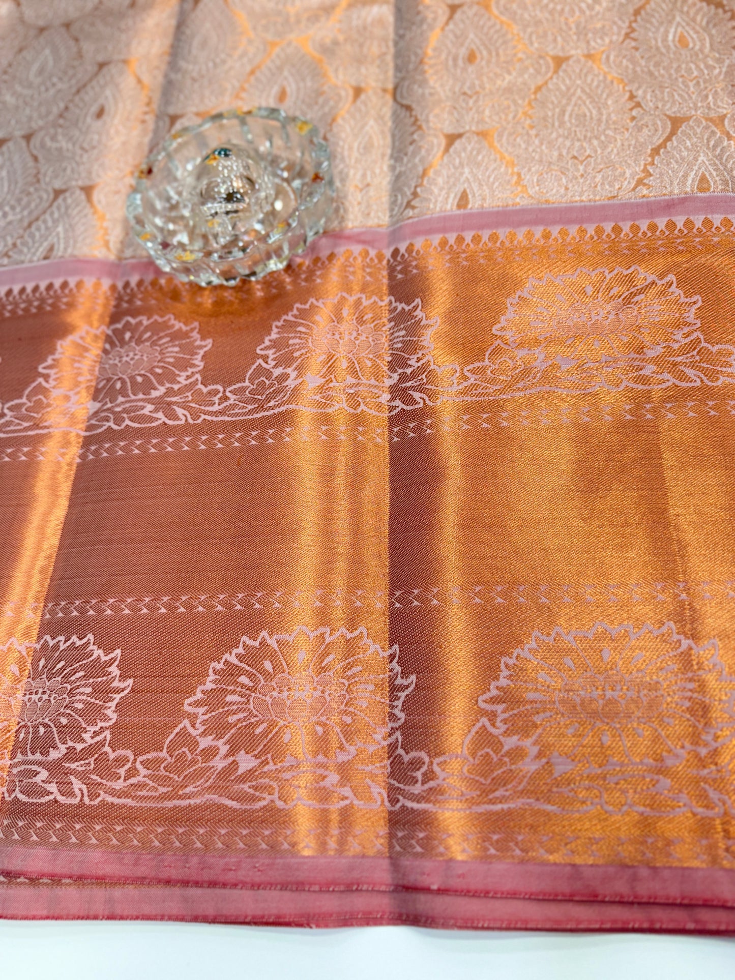 Bridal tissue saree for women with woven zari work and contrast border, kanchipuram style powerloom saree with blouse fabric