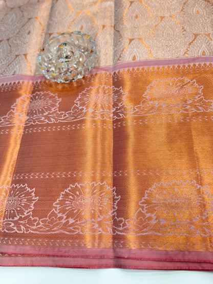 Bridal tissue saree for women with woven zari work and contrast border, kanchipuram style powerloom saree with blouse fabric