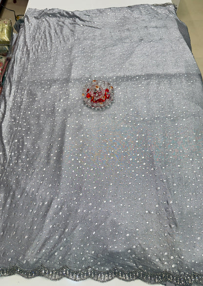 Silver Grey Sequin Saree for Women – Fancy Designer Fabric with Diamond Stone Border and Matching Blouse