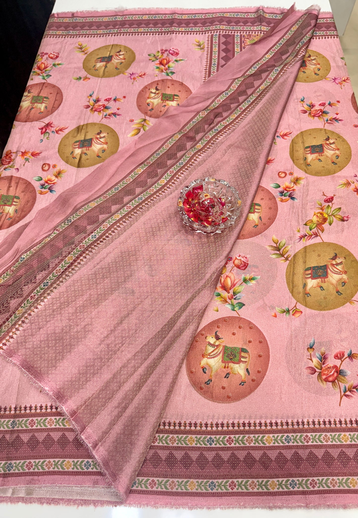 Pure Ziraf Silk Printed Saree with Elephant and Floral Motifs – Lightweight Soft Silk Saree for Women