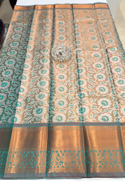 Bridal tissue saree for women with woven zari work and contrast border, kanchipuram style powerloom saree with blouse fabric