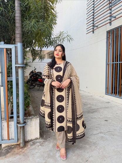 Beige and Black Cotton Printed Kurta Pant Dupatta Set for Women – Geometric Pattern Daily and Festive Wear