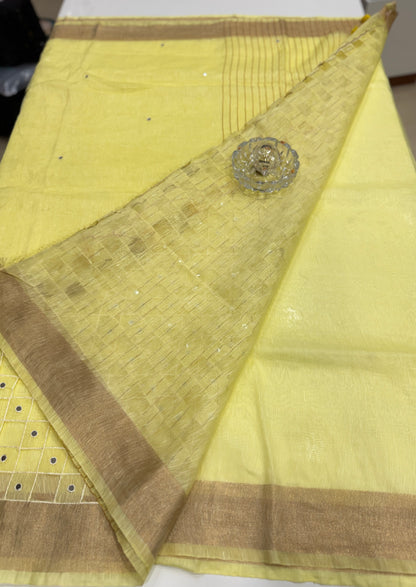 Pure Tissue 150 Count Linen Handloom Saree with Handwork and Running Blouse for Women
