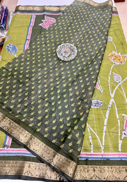 Chennuri silk style printed saree with traditional artwork border and unstitched blouse fabric for women