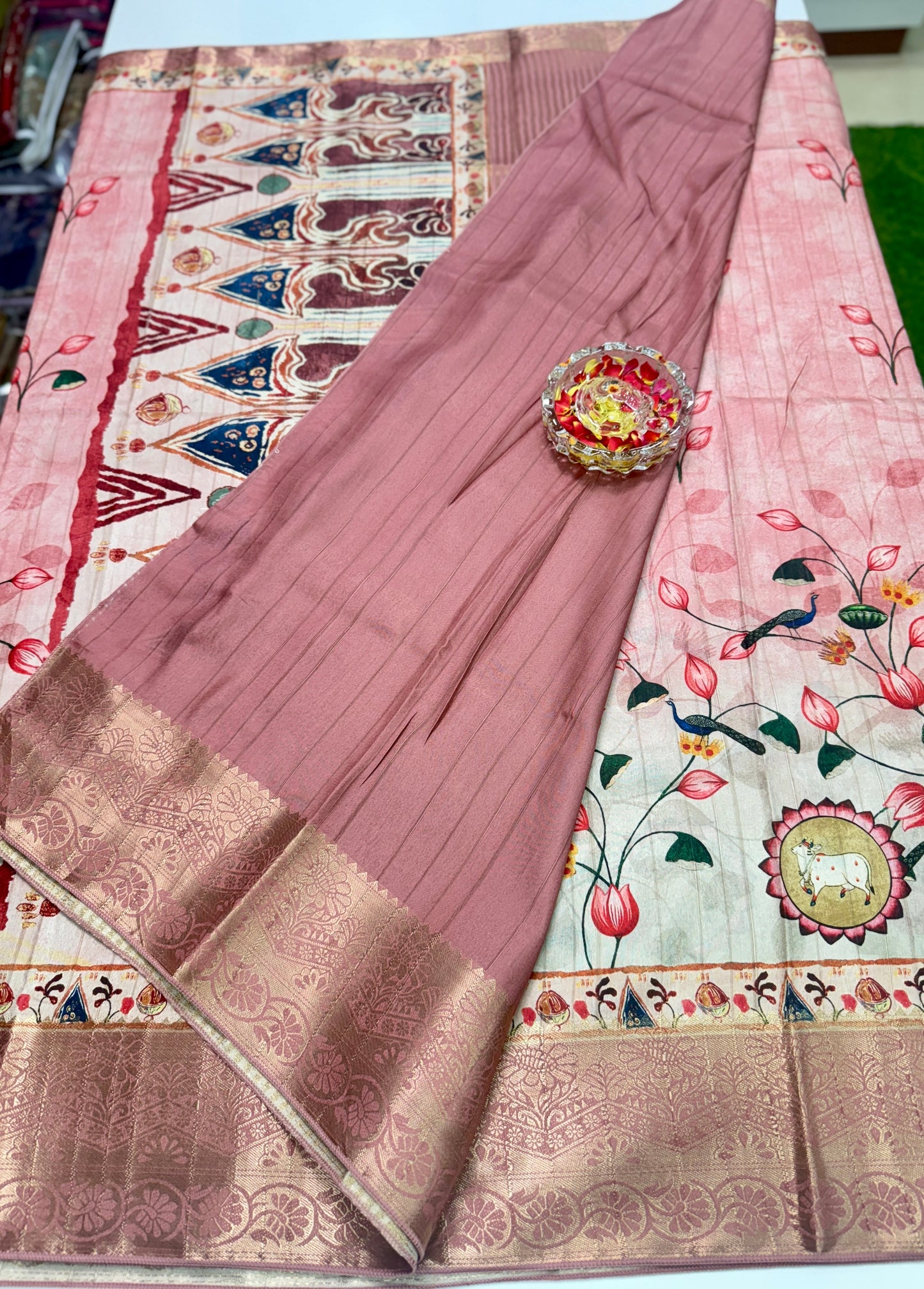 Boyanapalli-Style Silk Blend Saree with Jacquard Border and Chit Pallu – Printed Festive Saree for Women