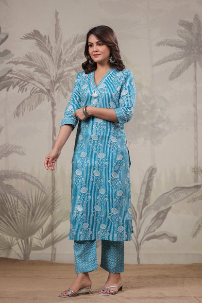 Pure Cotton Printed Kurta Pant Set for Women – Blue Daily Wear Suit Set, Sizes 38–46