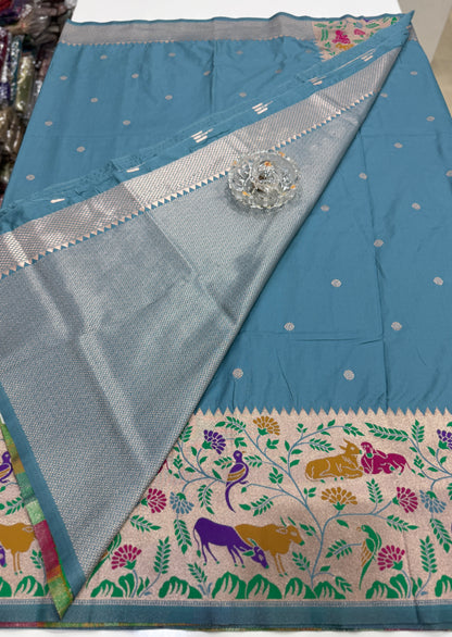 Paithani printed soft silk saree with zari-style border and contrast blouse for women