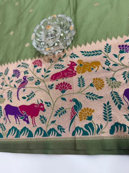 Paithani printed soft silk saree with zari-style border and contrast blouse for women