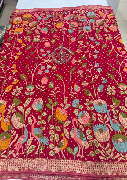 Pure Kaddi Georgette Zari Weaving Saree in Deep Pink with Paisley and Floral Motifs – Premium Festive & Wedding Wear Saree for Women