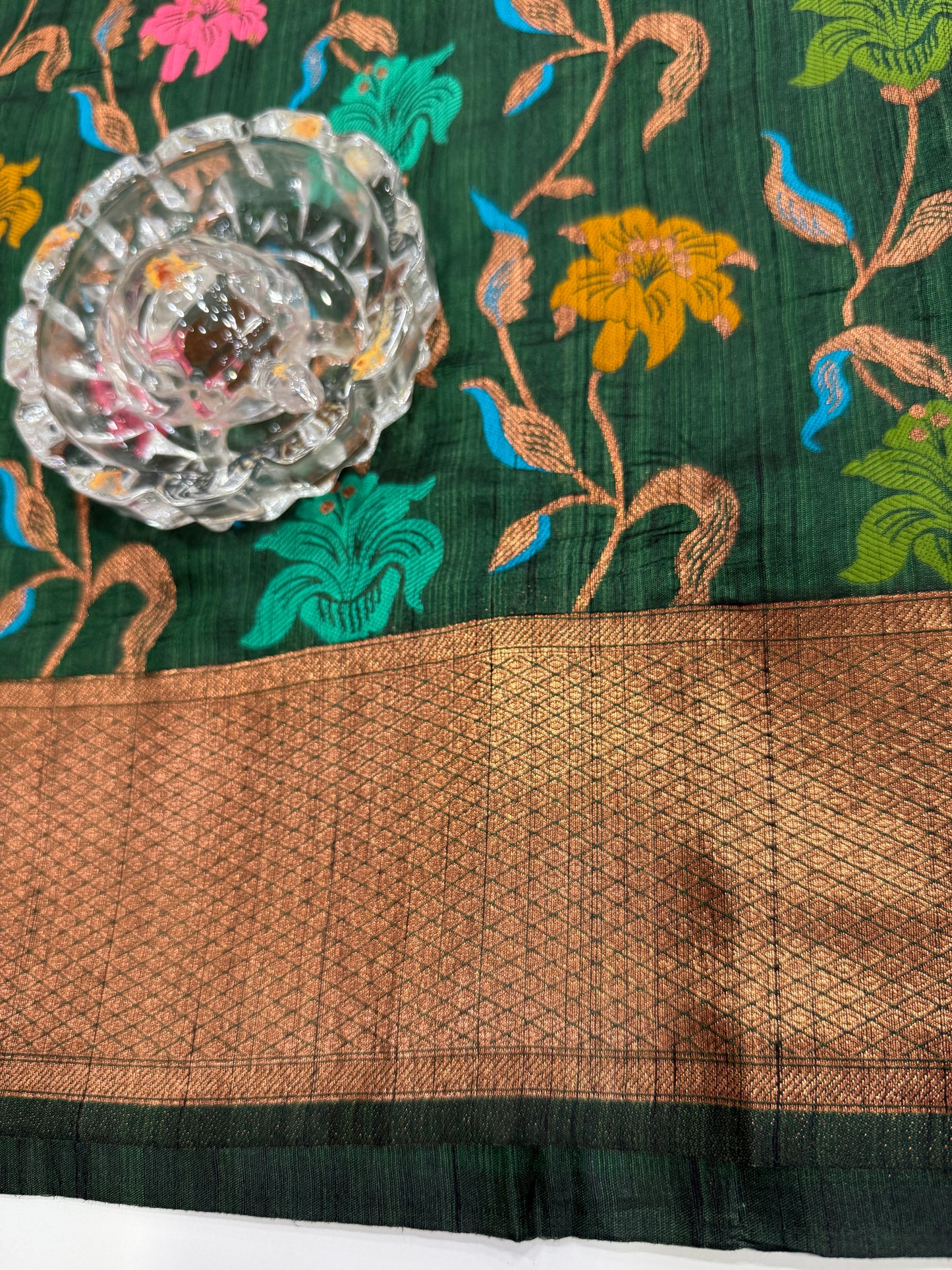 Soft silk saree with woven floral zari border and contrast pallu for women