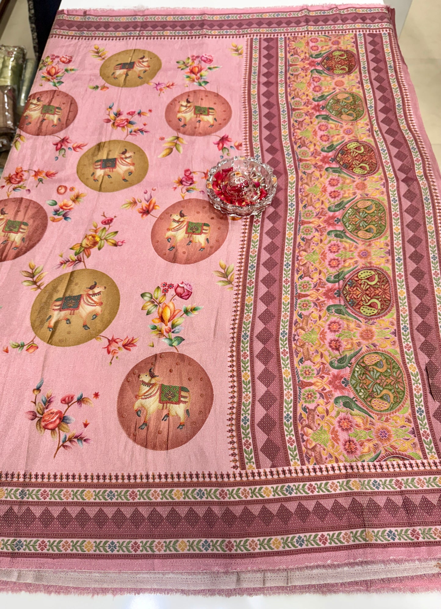 Pure Ziraf Silk Printed Saree with Elephant and Floral Motifs – Lightweight Soft Silk Saree for Women