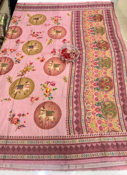 Pure Ziraf Silk Printed Saree with Elephant and Floral Motifs – Lightweight Soft Silk Saree for Women