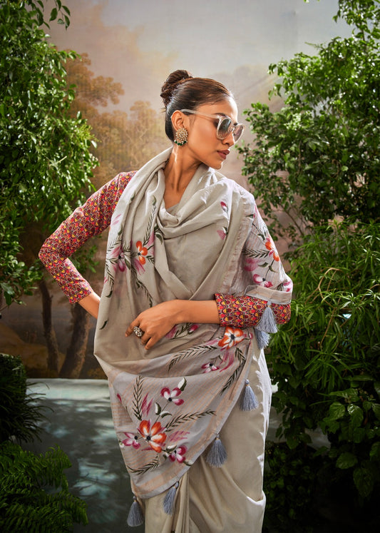 Soft Linen Tissue Saree with Hand Brush Print and Kalamkari Blouse – Festive and Wedding Wear