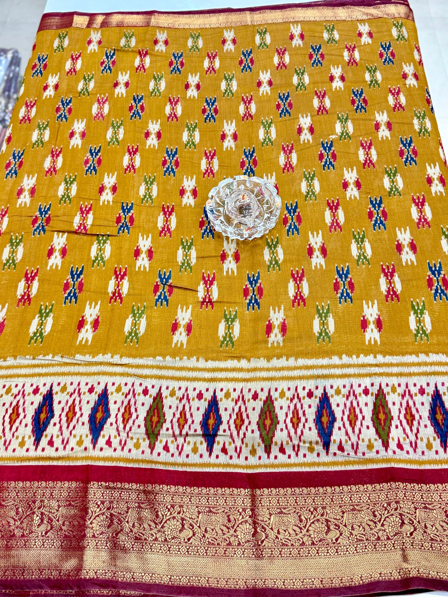 Semi Maheshwari Silk Saree with Zari Border & Ikat Style Weaving for Women