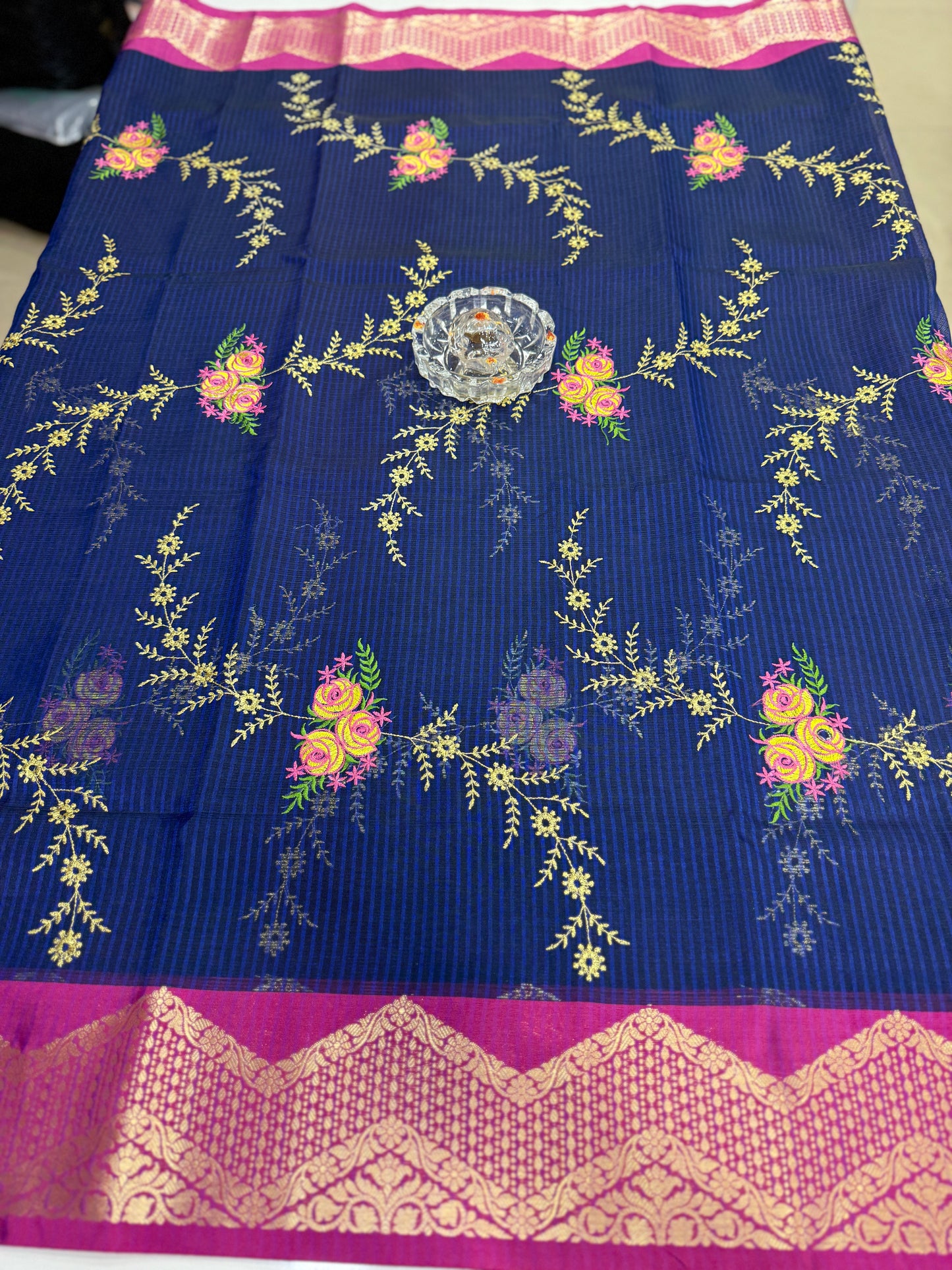 Banarasi kota silk saree with floral embroidery, contrast magenta zari border and matching blouse piece for women