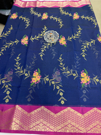 Banarasi kota silk saree with floral embroidery, contrast magenta zari border and matching blouse piece for women