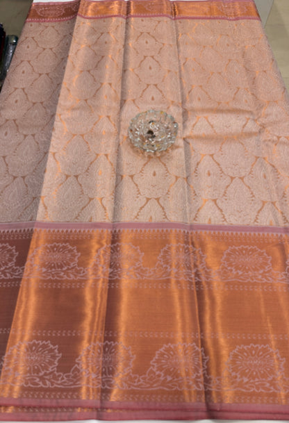 Bridal tissue saree for women with woven zari work and contrast border, kanchipuram style powerloom saree with blouse fabric