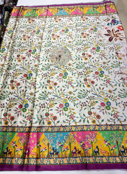 Japan satin saree for women with position print pallu and blouse, soft satin printed saree for festive and casual wear