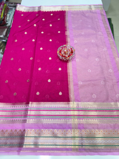 Banarasi Semi-Georgette Silk Saree with Gold Zari Weaving and Meenakari Border – Traditional Festive Saree for Women