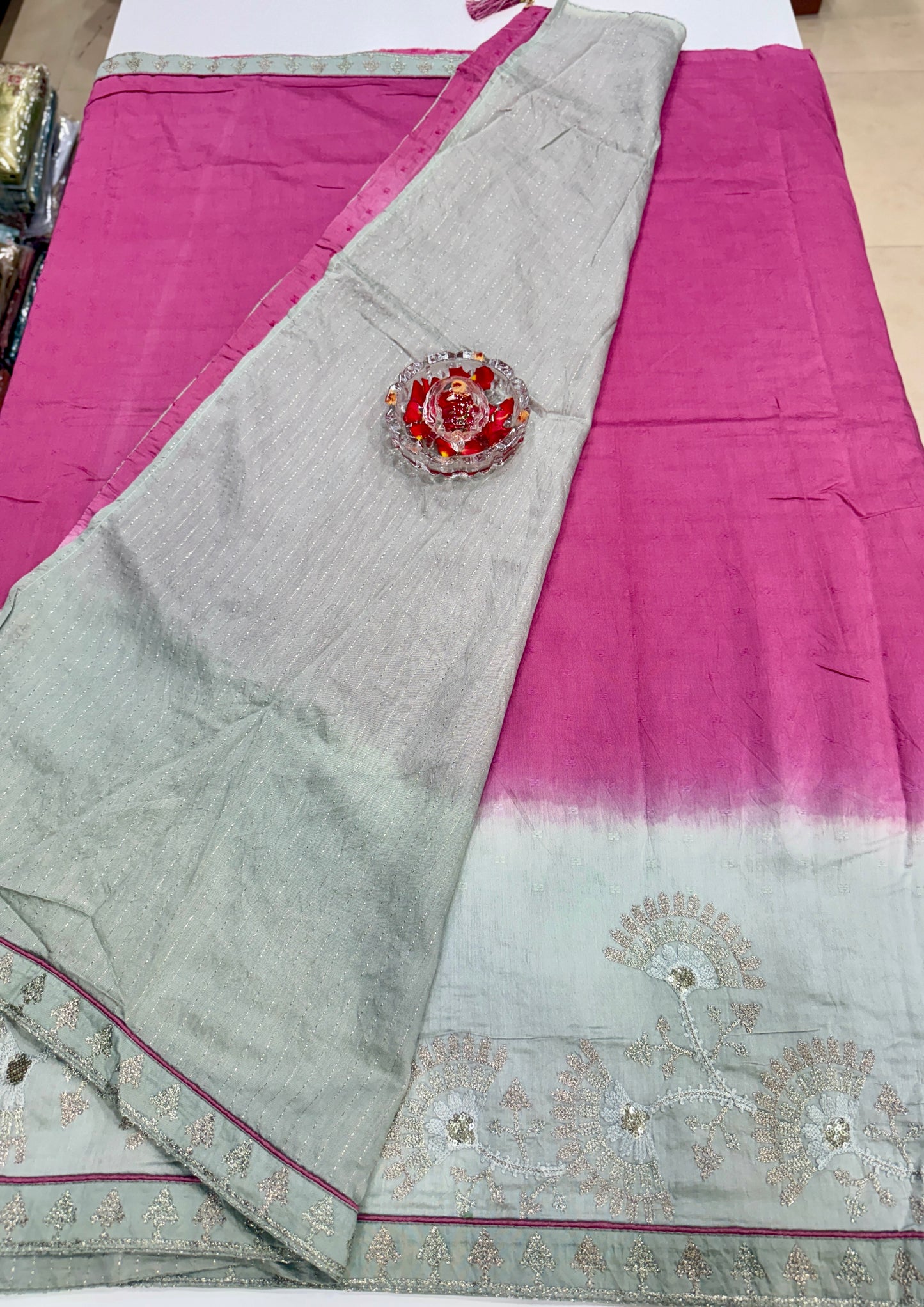 Omber Shaded Designer Silk Saree with Embroidery Lace Work, Patchwork and Art Silk Blouse
