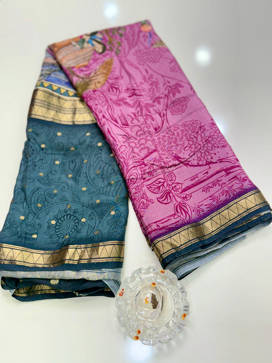 Mysore-Style Viscose Crepe Saree with Zari Border and Digital Heritage Print for Women