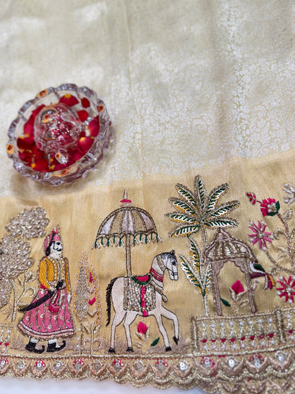 Cream Pure Ziraf Silk Saree with Zari, Thread, Cut Dana & Moti Heavy Work – Bridal and Festive Wear