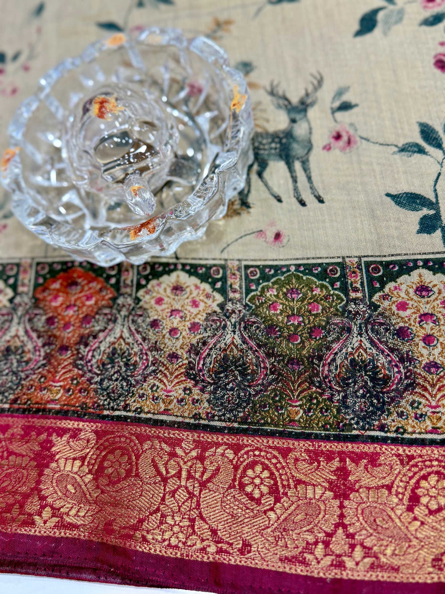 Chennuri silk style printed saree with traditional artwork border and unstitched blouse fabric for women