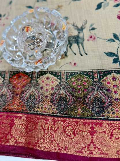 Chennuri silk style printed saree with traditional artwork border and unstitched blouse fabric for women