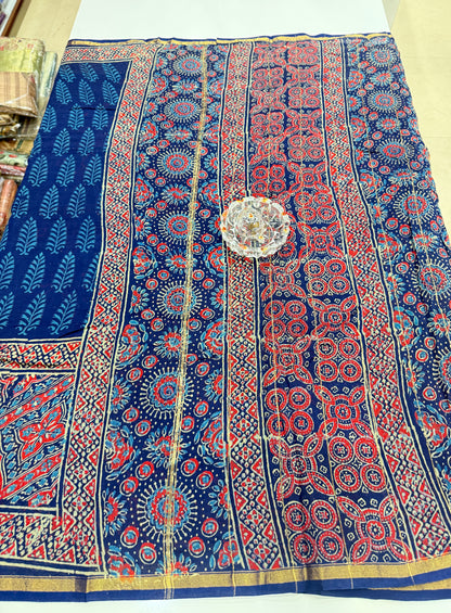 Pure Chanderi Silk Saree with Intricate Handblock Print and Blouse Piece – Traditional Wear for Women