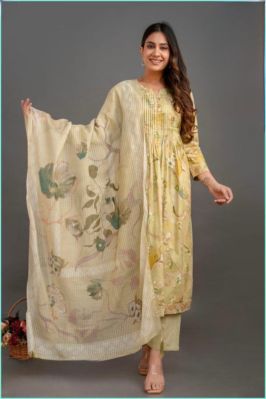 Designer Cotton A-Line Suit Set for Women with Pintucks, Beadwork and Embroidered Dupatta