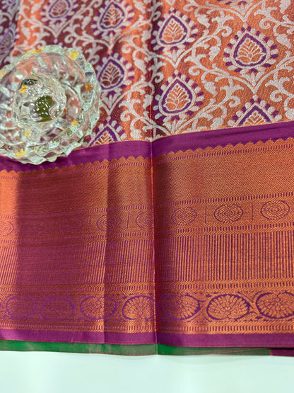Bridal tissue saree for women with woven zari work and contrast border, kanchipuram style powerloom saree with blouse fabric
