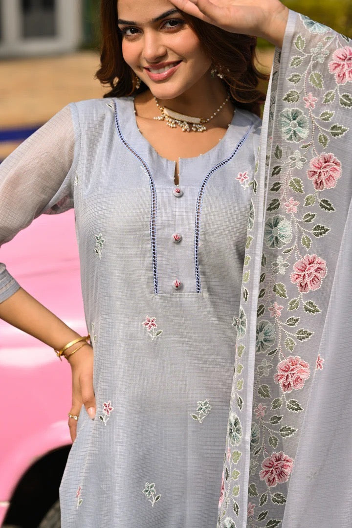Kota Doria Embroidered Suit Set with Dupatta for Women – Light Grey, Kurta Pant Dupatta
