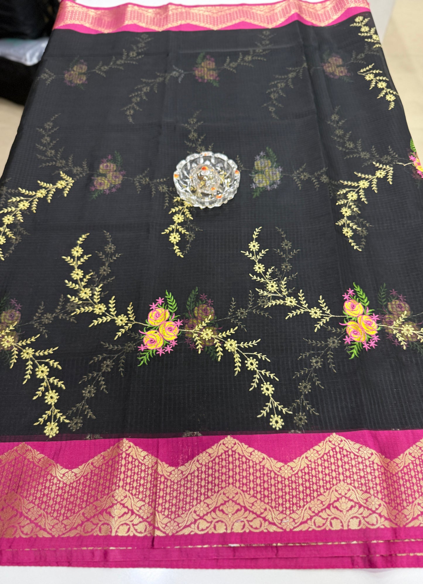 Banarasi kota silk saree with floral embroidery, contrast magenta zari border and matching blouse piece for women