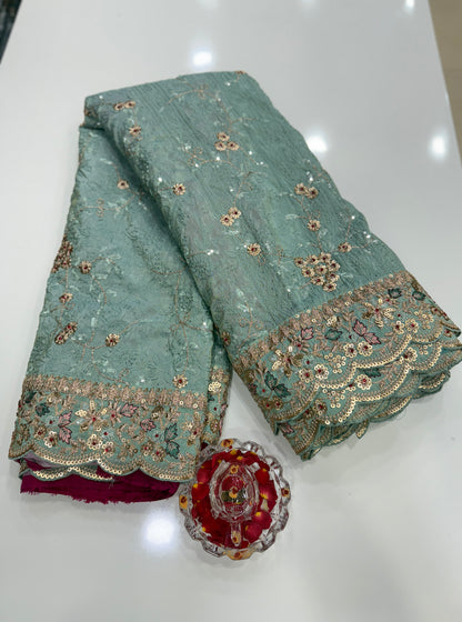 Sea Green Pure Banarasi Silk Saree with Lucknowi & Jarkan Heavy Work – Festive Banarasi Designer Saree for Women