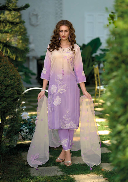Pure Cotton Kurti Pant Set with Organza Dupatta, Thread and Applique Work – Women’s Summer Ethnic Wear