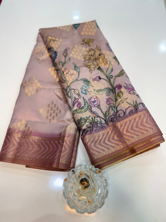 Bamboo Silk Floral Printed Saree with Rich Decorative Pallu, Rich Floral Kalamkari Style Prints