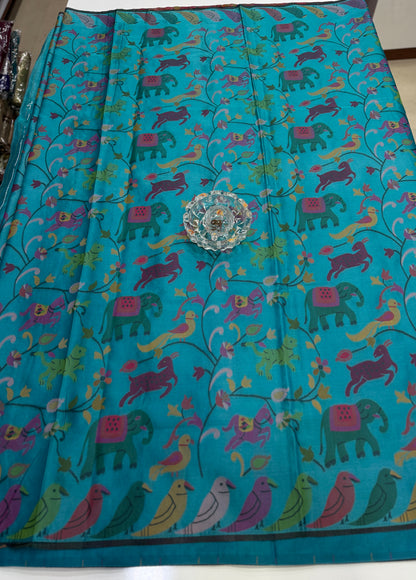 Soft silk printed saree with multicolour ethnic motifs and contrast blouse piece