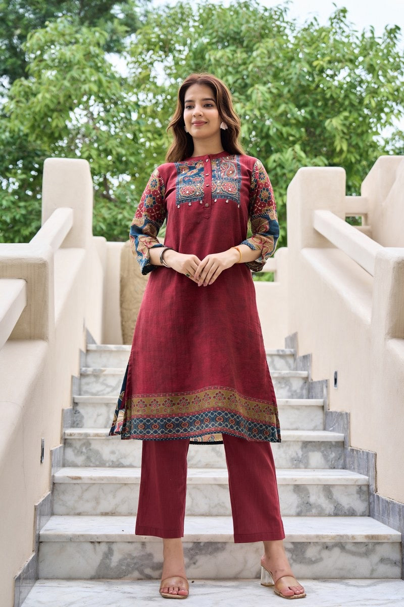 Printed Cotton Kurta Pant Set with Yoke Embroidery – Elegant Daily and Festive Wear for Women
