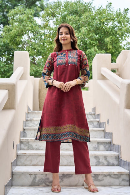 Printed Cotton Kurta Pant Set with Yoke Embroidery – Elegant Daily and Festive Wear for Women
