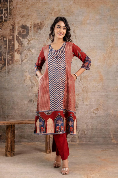Jaipuri Cotton Kurti Pant Set for Women with Chevron Print and Mughal Border – Sizes 38 to 46