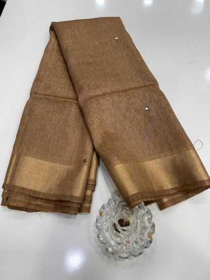 Pure Tissue 150 Count Linen Handloom Saree with Handwork and Running Blouse for Women