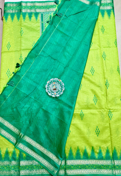 Semi Raw Silk Saree with Temple Border and Blouse – Handwoven Style Festive Wear