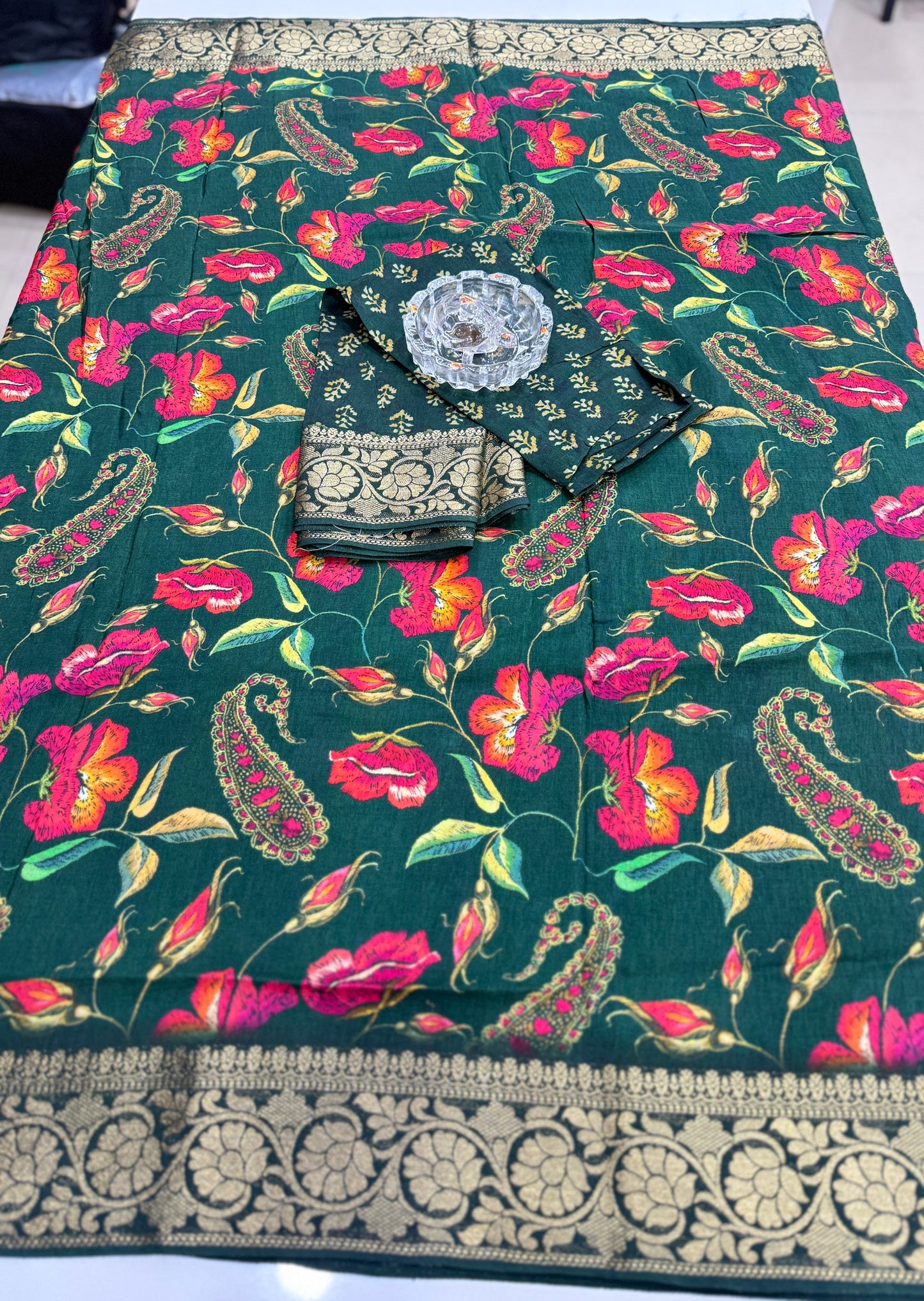 Pure Viscose Crepe silk saree with digital floral print and woven zari border for women